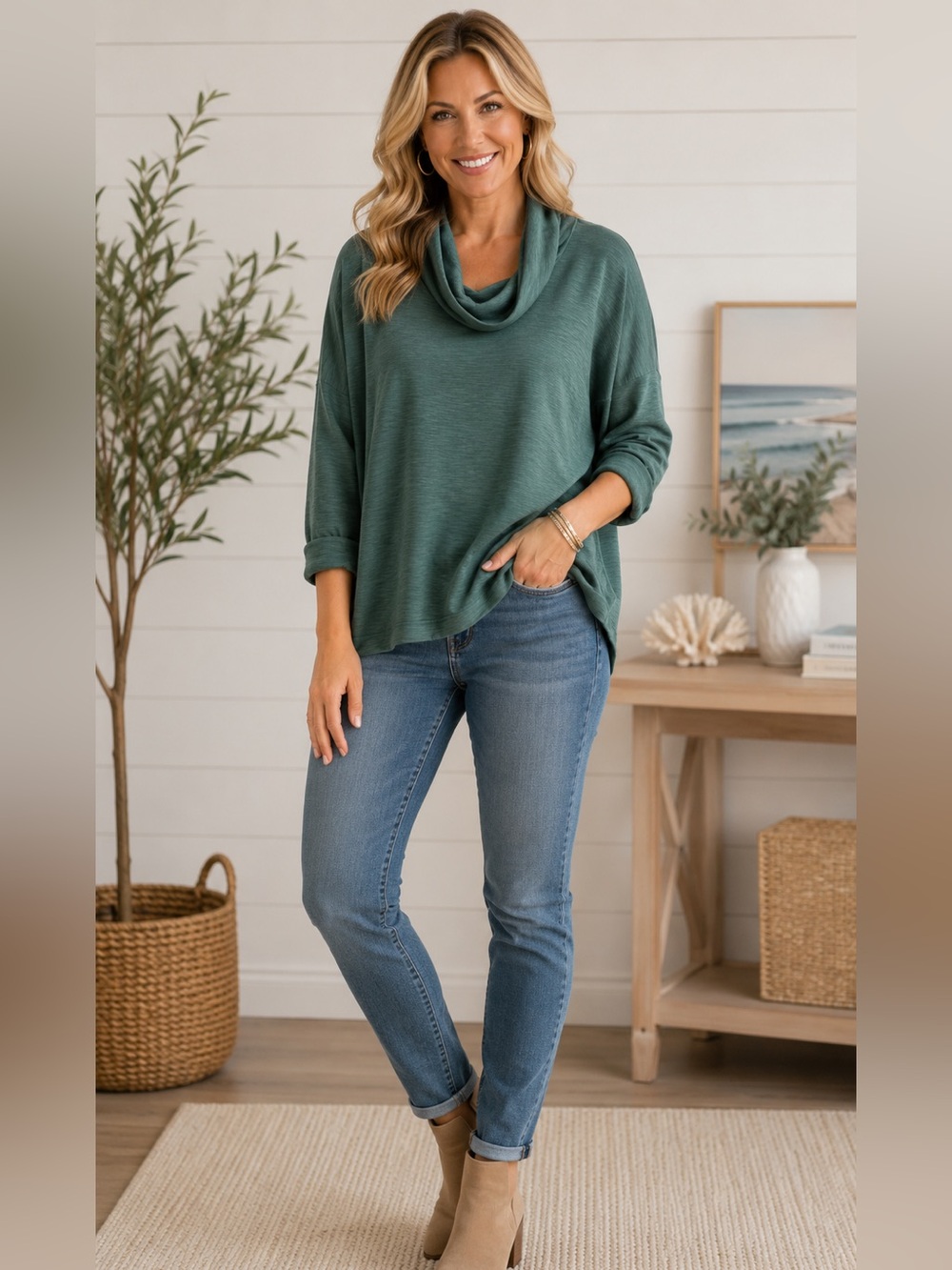 J. JILL COWL NECK SLOUCHY PULLOVER COMFY TUNIC TOP GREEN SIZE 4X LOUNGE WEAR